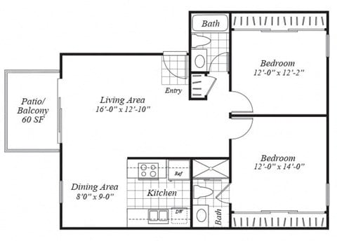 Floor plan for 2 beds, 2 baths, 852 sqft
